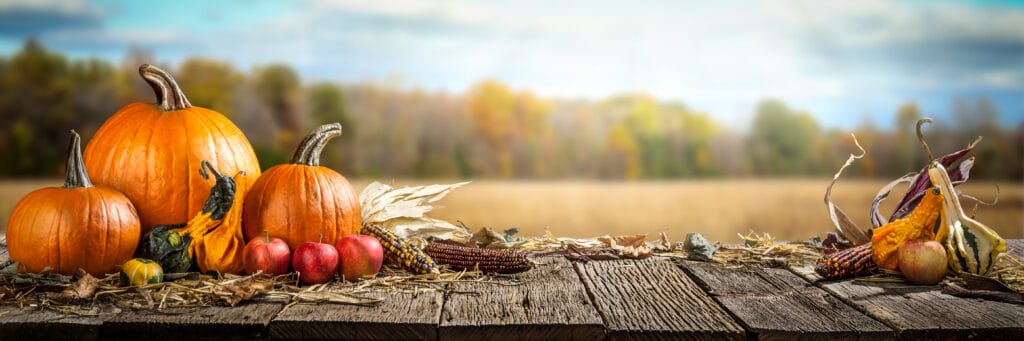 Pumpkins, corn, apples, and gourds arranged on a rustic wooden table with autumn foliage in the background